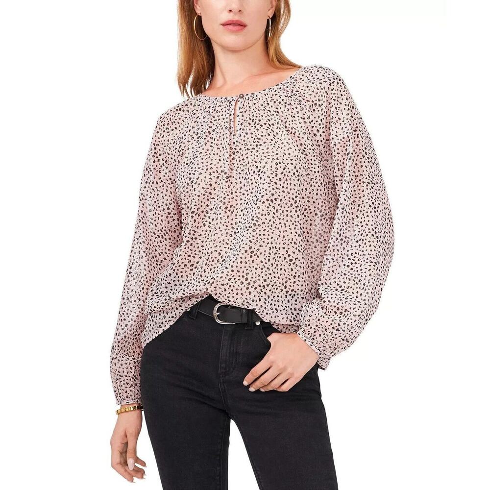Vince Camuto Women Animal Print Glitter Semi Sheer Keyhole Peasant Blouse Size S